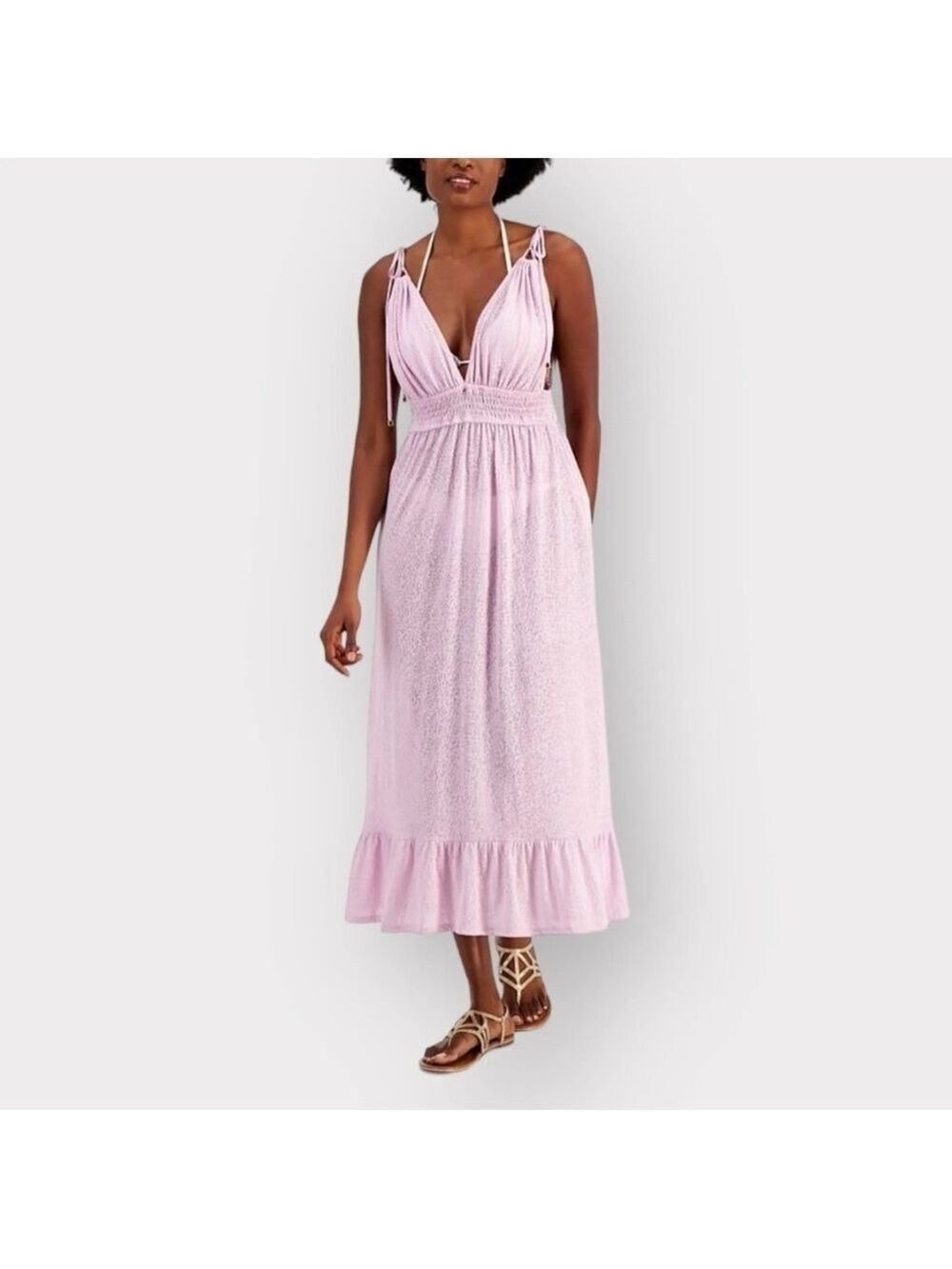 Miken NEW Midi Dress Swim Cover-Up Large Pastel Purple Pink Leopard Tie Straps